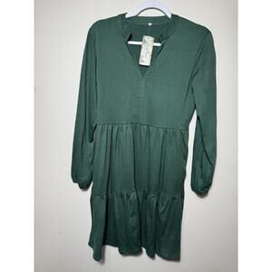 NWT QACOHU Hunter Green Dress Tiered Long Sleeve SMALL